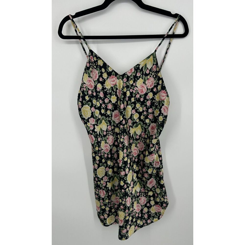 Vintage Hana Sung Y2K Black Floral Slip Nightie Lingerie Mini Dress 90s M